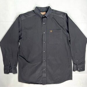 Ariat Mens M Shirt Black Twill Solid Western Classic Fit Logo Pocket Button Down